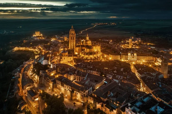 Spanya Geceleri Segovia Katedrali Hava Manzarası — Stok fotoğraf