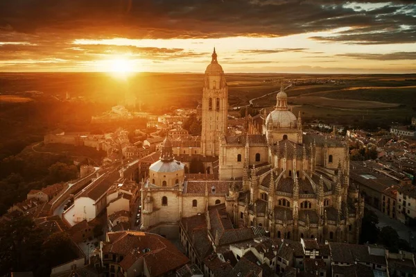 Kathedrale Von Segovia Luftaufnahme Bei Sonnenaufgang Spanien — Stockfoto