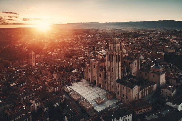 Segovia Cathedral aerial view at sunrise in Spain.