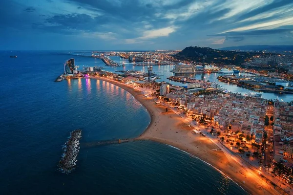 Vista Aérea Del Muelle Costa Barcelona Por Noche España —  Fotos de Stock