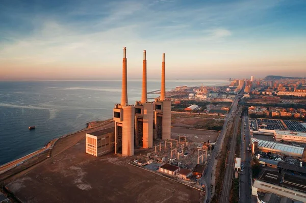 Besos Thermic Power Plants Air View Sunrise Barcelona Coast Spain — стокове фото