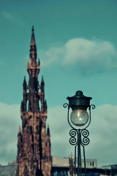 Scott Monument Vintage Lamp Und Edinburgh City View Vereinigten Königreich — Stockfoto