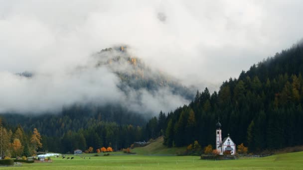 Alp Vadisi Dolomitler Avusturya Daki Kilisenin Manzarası — Stok video