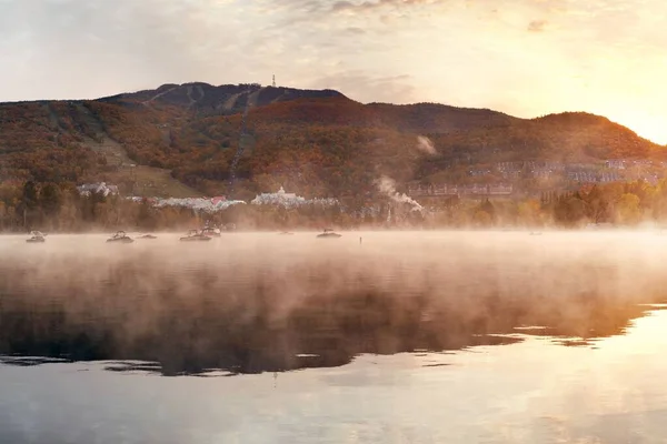Утреннее туманное озеро — стоковое фото