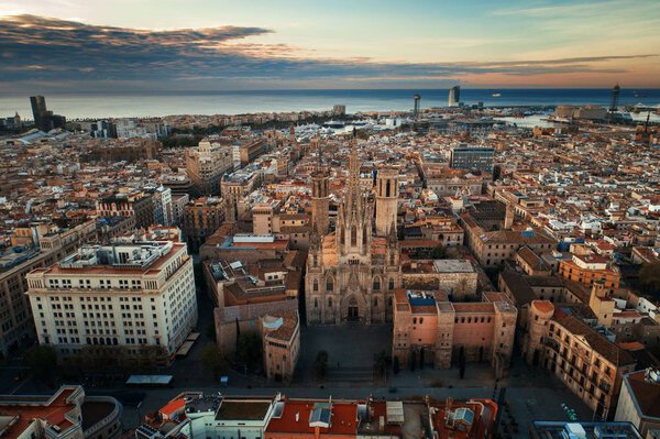 Aerial view of Gothic Quarter in Barcelona in Spain.