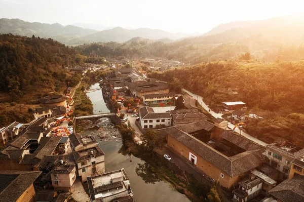 Fujian Tulou vista aérea puesta del sol —  Fotos de Stock