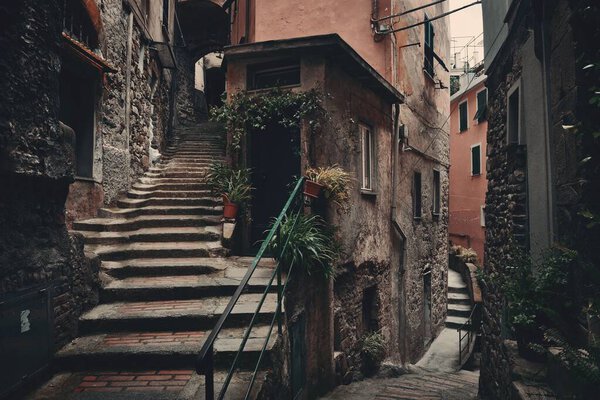 Typical alley view in Riomaggiore in Cinque Terre, Italy.