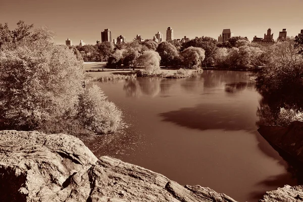 Central Park Automne Midtown Skyline Dessus Lac Manhattan New York — Photo