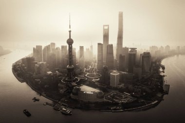 Şangay şehri hava manzaralı Pudong iş bölgesi ve Çin 'de ufuk çizgisi.