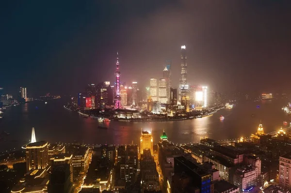 Shanghai Vista Aerea Notturna Dall Alto Con Skyline Della Città — Foto Stock