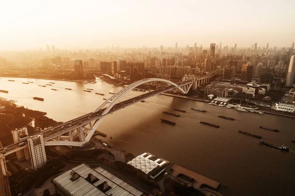 Shanghai Lupu Bridge Vue Aérienne Sur Rivière Huangpu Coucher Soleil — Photo