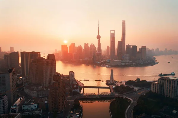Shanghai Város Napkelte Légi Kilátás Pudong Üzleti Negyed Városkép Kínában — Stock Fotó