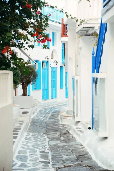 Rua Com Arquitetura Grega Tradicional Mykonos Island Grécia — Fotografia de Stock