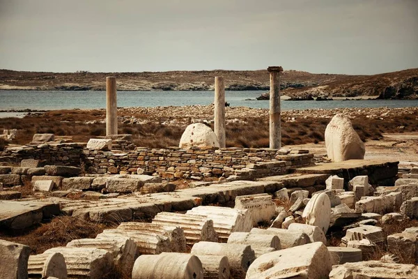 Pelare Historiska Ruiner Delos Nära Mikonos Grekland — Stockfoto