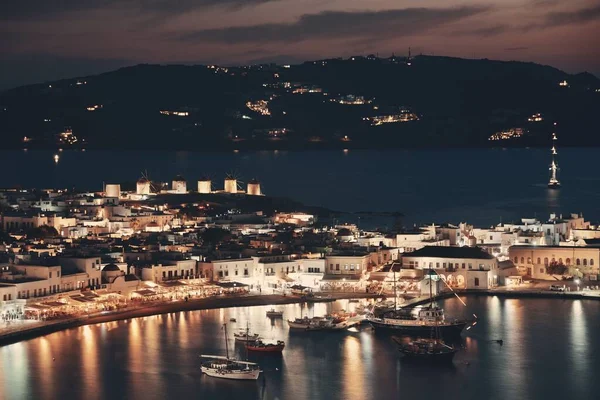 Moinho Vento Baía Como Famoso Marco Noite Ilha Mykonos Grécia — Fotografia de Stock
