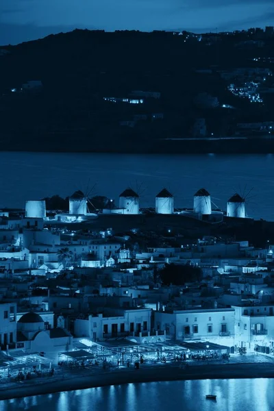 Vindmølle Bugt Som Den Berømte Vartegn Natten Mykonos Island Grækenland - Stock-foto