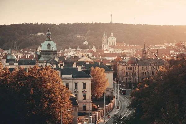 チェコ共和国の教会やドームとプラハのスカイラインの屋上ビュー — ストック写真