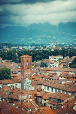 Lucca çatı görünümü ile kırmızı çatılar ve çan kulesi, tarihi binaları ve dağ silsilesi İtalya.