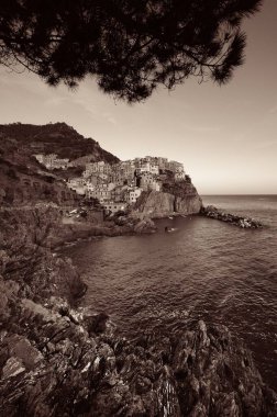 Manarola, İtalya 'nın Cinque Terre kentindeki uçurumun üzerindeki binalarla Akdeniz' e tepeden bakar. Siyah ve beyaz.