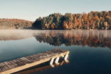 Sonbahar yapraklı sis ve New England Stowe 'daki yansımalı dağlar.