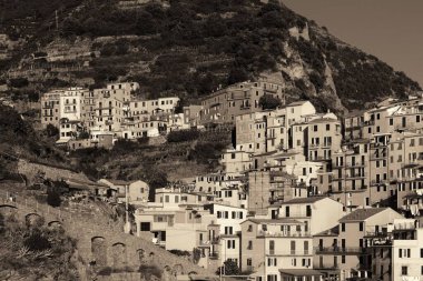 İtalya 'nın Cinque Terre kentindeki Manarola uçurumunda İtalyan tarzı yerleşik binalar..
