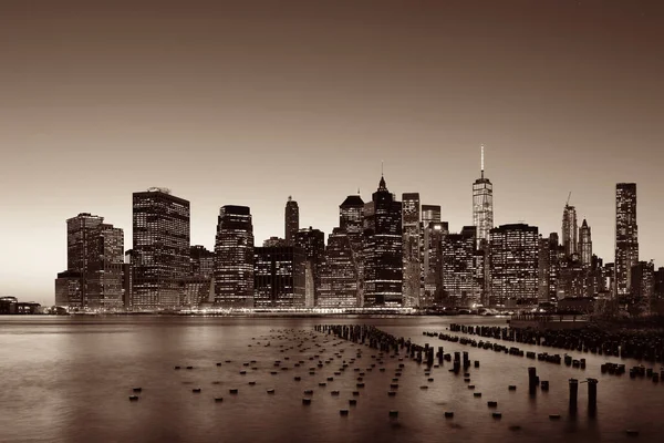 Ciudad Nueva York Skyline Centro Con Muelle Permanece Atardecer — Foto de Stock