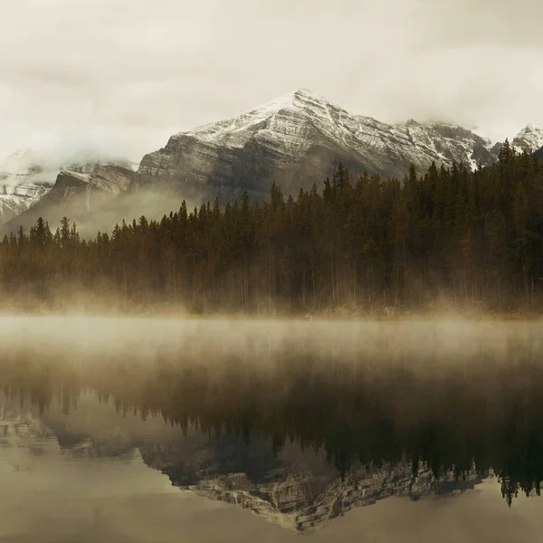 Озеро Герберт Туманний Ранок Льодовиками Горі Віддзеркалення Банф Національному Парку — стокове фото