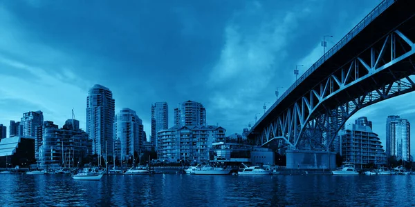 Vancouver False Creek Panorama Pôr Sol Com Ponte Barco — Fotografia de Stock