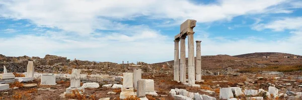 Filary Historycznych Ruinach Panorama Wyspie Delos Koło Mikonos Grecja — Zdjęcie stockowe