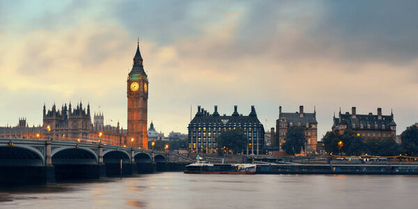 House of Parliament sunset panorama in Westminster in London.
