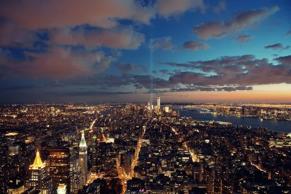 New York City Downtown Skyline View Night September Tribute Light — Stock Photo, Image