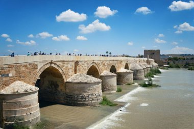 İspanya 'daki eski Cordoba Köprüsü ve Şehir Mimarisi.