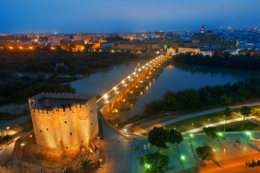 Cordoba 'nın antik mimarisi İspanya' da gece havadan izlendi..