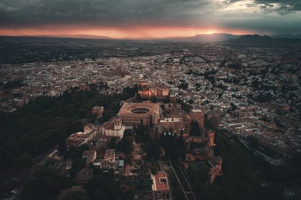 Alhambra Légi Kilátás Napkeltekor Történelmi Épületek Granada Spanyolország — Stock Fotó