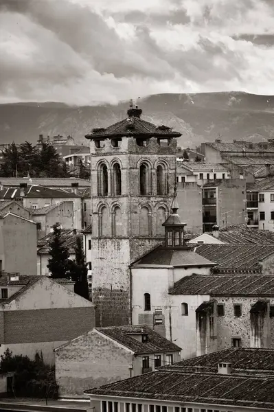 Segovia Skyline Med Historisk Byggnad Klocktorn Närbild Spanien — Stockfoto