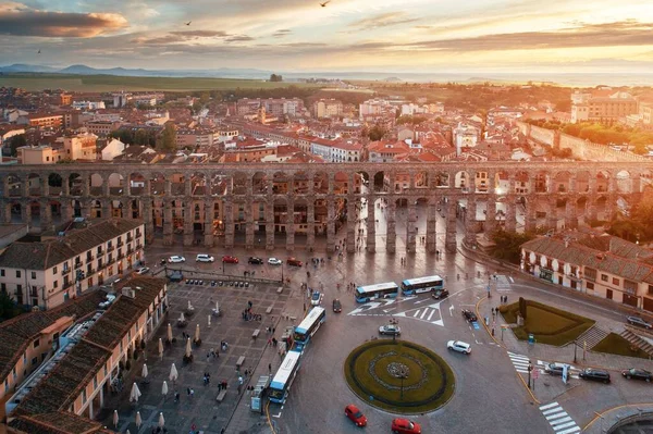 Segovia Antiga Aqueduto Romano Vista Aérea Nascer Sol Espanha — Fotografia de Stock