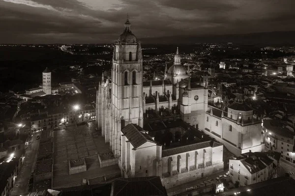 Segovia Katedralen Flygfoto Natten Spanien — Stockfoto