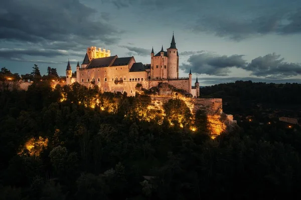 Alcazar Της Σεγκόβια Διάσημο Ορόσημο Εναέρια Θέα Νύχτα Στην Ισπανία — Φωτογραφία Αρχείου