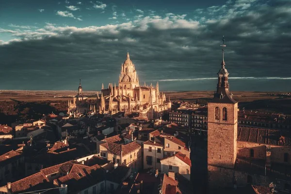 Segovia Cathedral Αεροφωτογραφία Στην Ανατολή Του Ηλίου Στην Ισπανία — Φωτογραφία Αρχείου