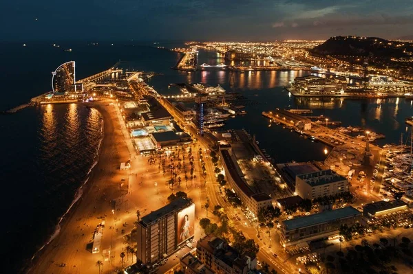 Vista Aérea Del Muelle Costa Barcelona Por Noche España —  Fotos de Stock