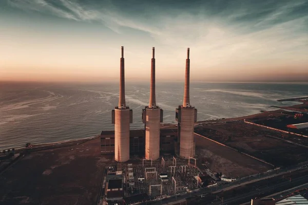 Centrale Termica Besos Vista Aerea All Alba Sulla Costa Spagnola — Foto Stock