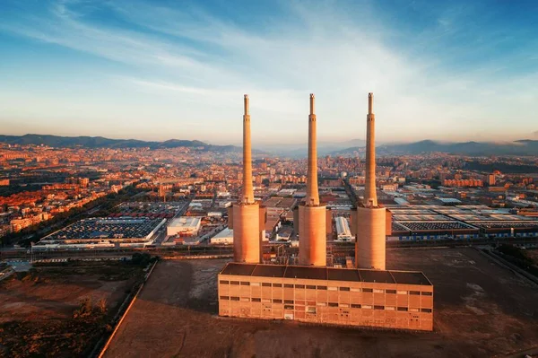 Centrale Thermique Besos Vue Aérienne Lever Soleil Sur Côte Barcelone — Photo