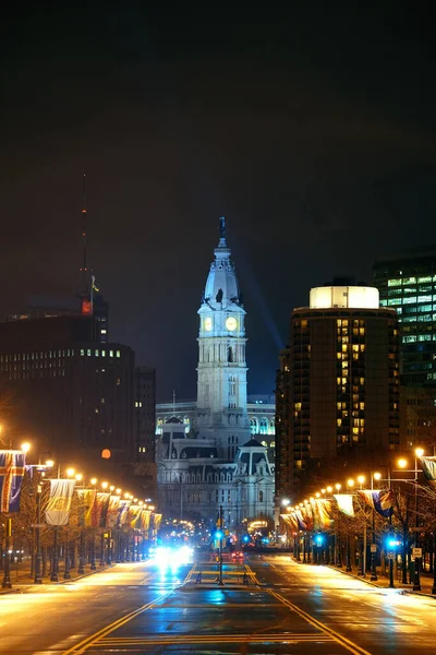 Rathaus Von Philadelphia Und Straßenansicht Bei Nacht — Stockfoto