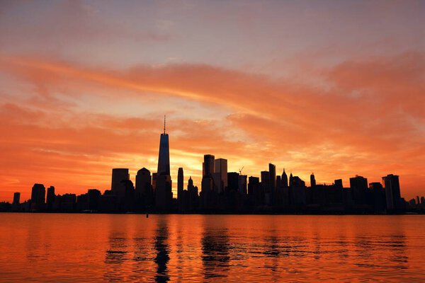 New York City skyline urban view at sunrise with historical architecture