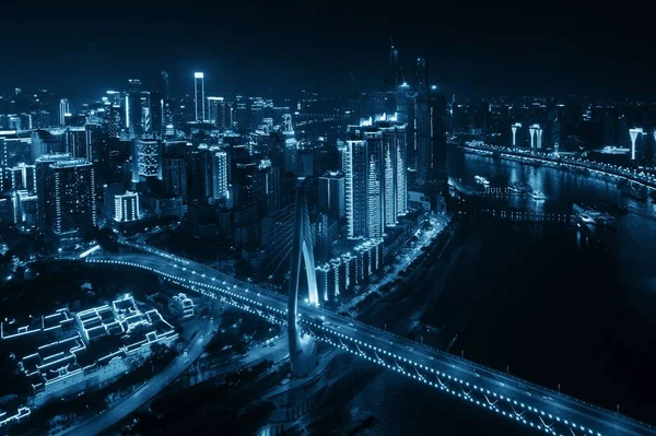 Luftaufnahme Der Brücke Und Der Städtischen Architektur Bei Nacht Chongqing — Stockfoto