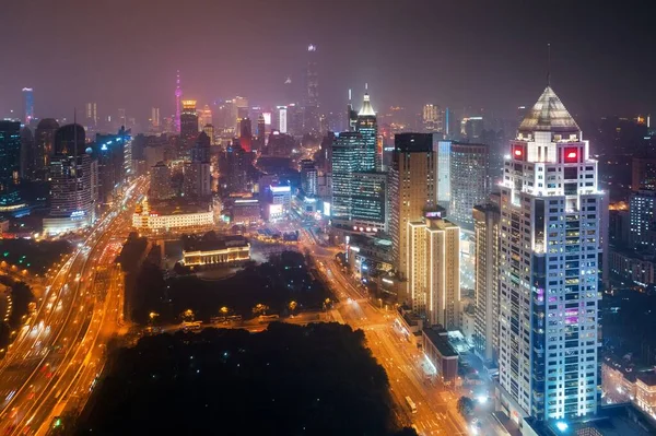 Shanghai Antenn Nattutsikt Uppifrån Med Stadssiluett Och Skyskrapor Kina — Stockfoto