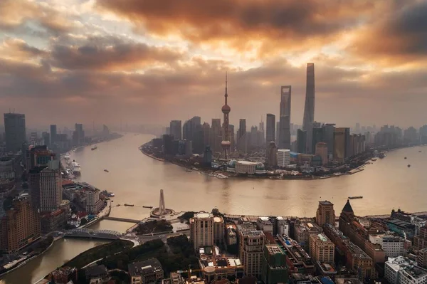 Shanghai City Sunrise Aerial View Pudong Business District Skyline China — Stock Photo, Image