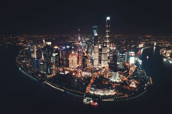 Shanghai Pudong Antenn Nattutsikt Uppifrån Med Staden Skyline Och Skyskrapor — Stockfoto