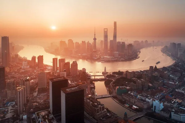 Воздушный Вид Восход Солнца Шанхае Деловым Районом Пудун Горизонтом Китае — стоковое фото