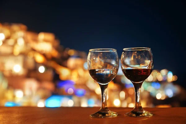 Vrijetijdsbesteding Nachts Met Wijn Bokeh Santorini Griekenland — Stockfoto